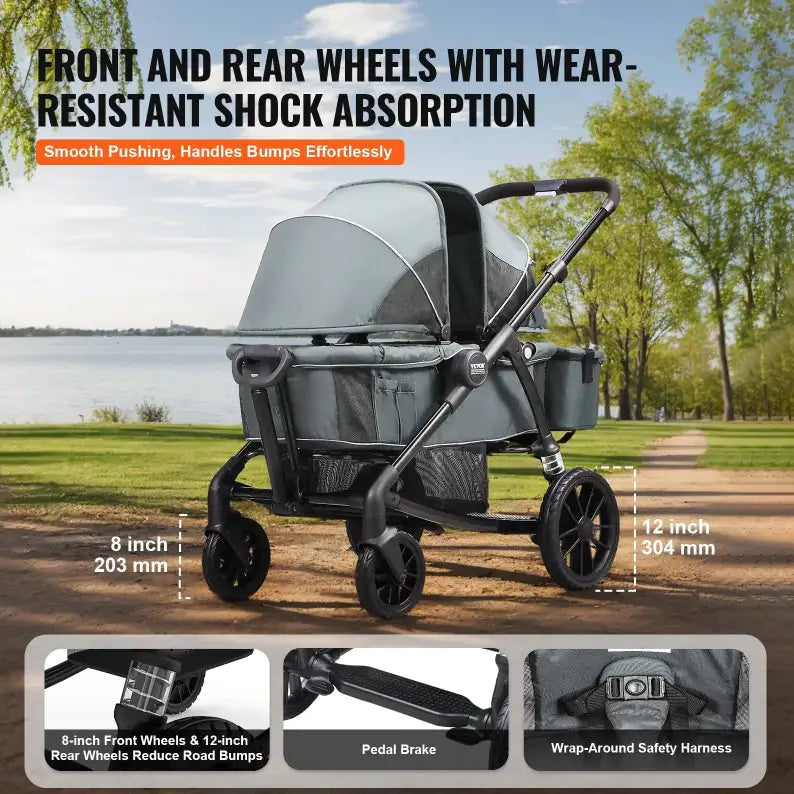 All-Terrain Stroller Wagon, 2 Seats Foldable | Collapsible Wagon Stroller with Canopy, Parent Organizer, Snack Tray Cup Holders