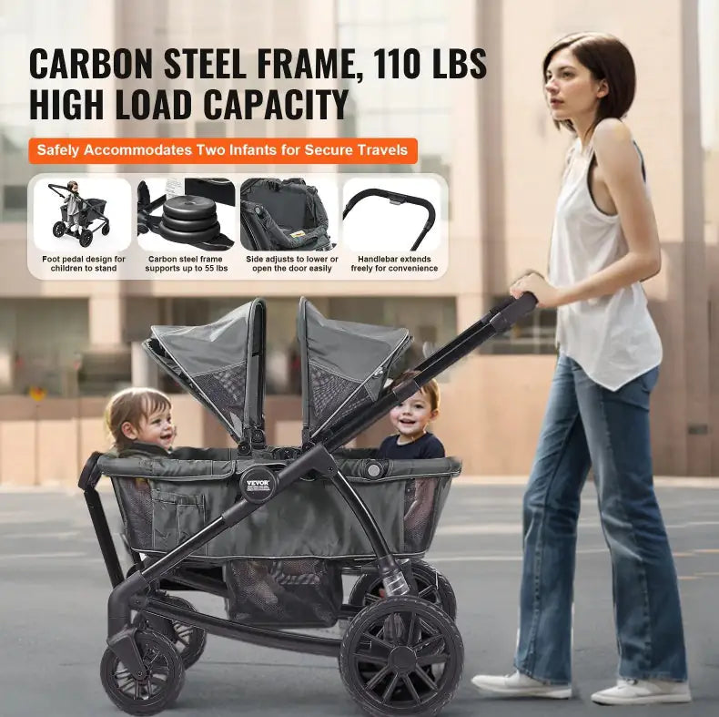 All-Terrain Stroller Wagon, 2 Seats Foldable | Collapsible Wagon Stroller with Canopy, Parent Organizer, Snack Tray Cup Holders