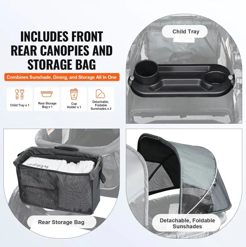 All-Terrain Stroller Wagon, 2 Seats Foldable | Collapsible Wagon Stroller with Canopy, Parent Organizer, Snack Tray Cup Holders