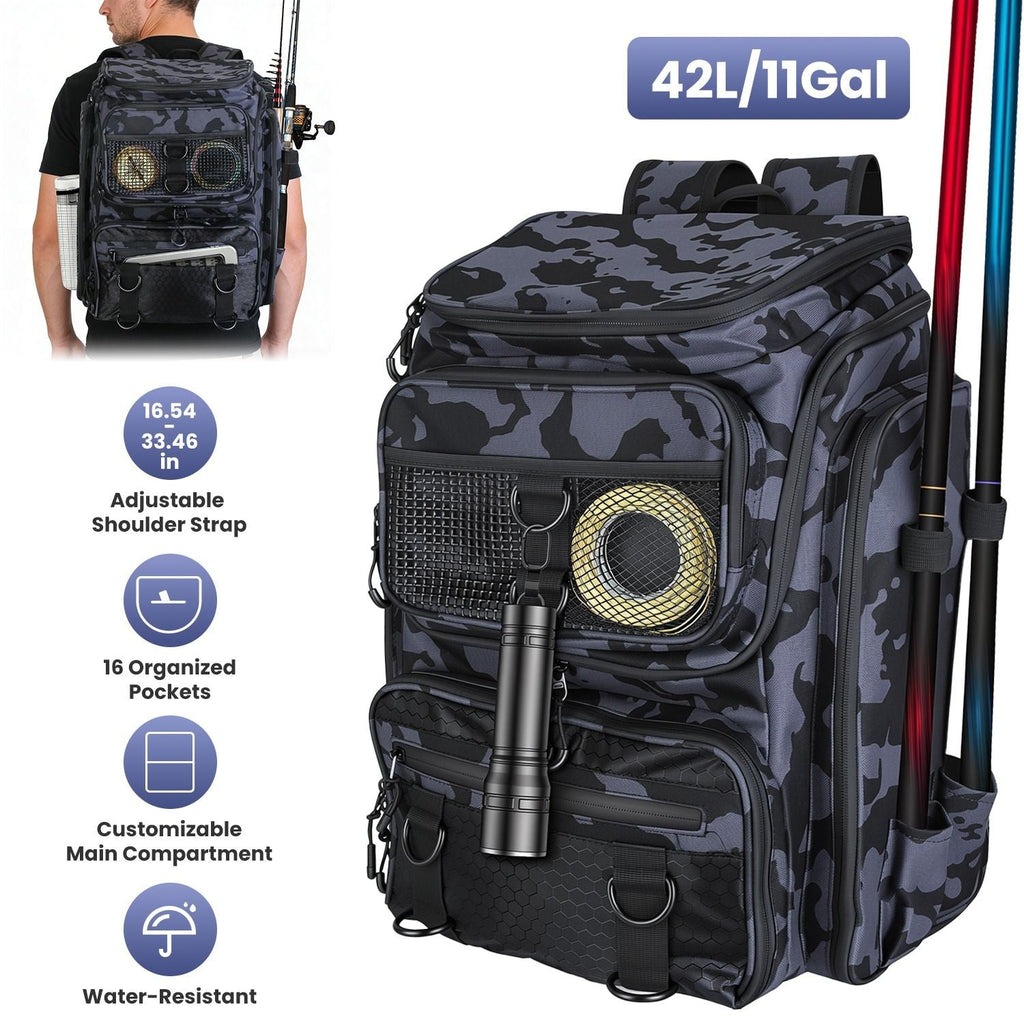 42L/11Gal Fishing Backpack Large Capacity Fishing Tackle Storage Bag with Rod Holders 16-Pocket Water-Resistant with Adjustable Padded Straps