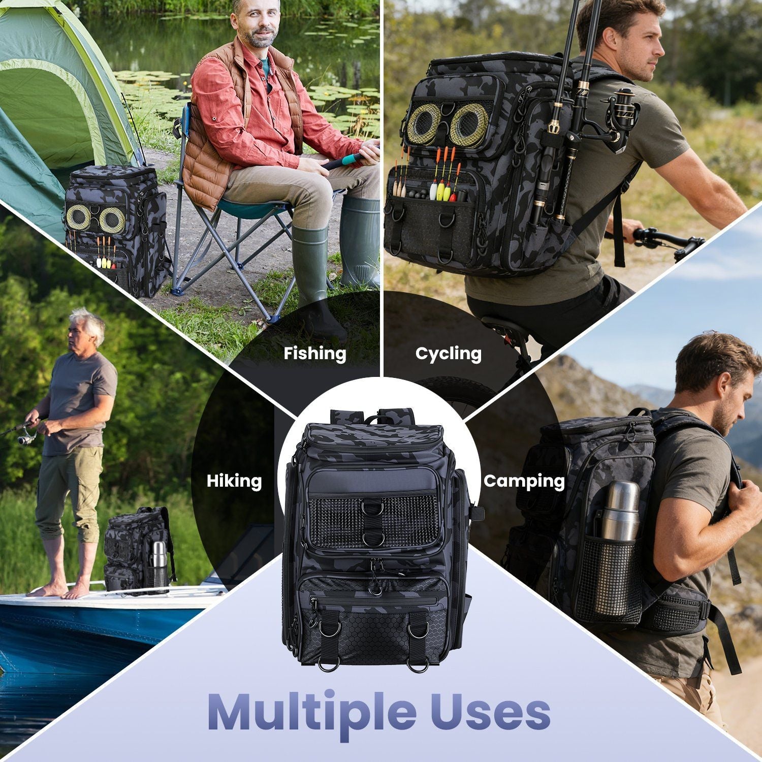 42L/11Gal Fishing Backpack Large Capacity Fishing Tackle Storage Bag with Rod Holders 16-Pocket Water-Resistant with Adjustable Padded Straps