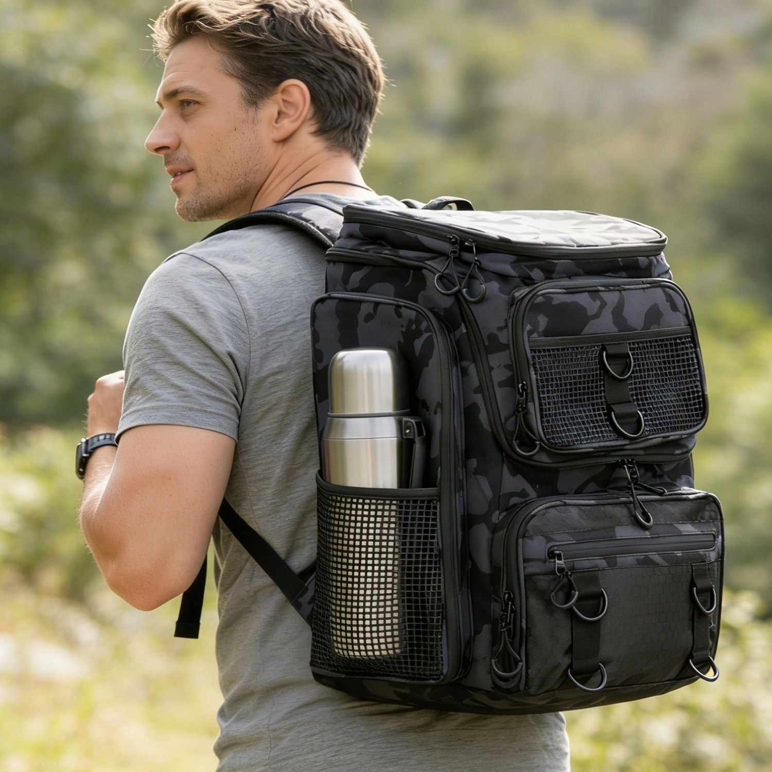 42L/11Gal Fishing Backpack Large Capacity Fishing Tackle Storage Bag with Rod Holders 16-Pocket Water-Resistant with Adjustable Padded Straps