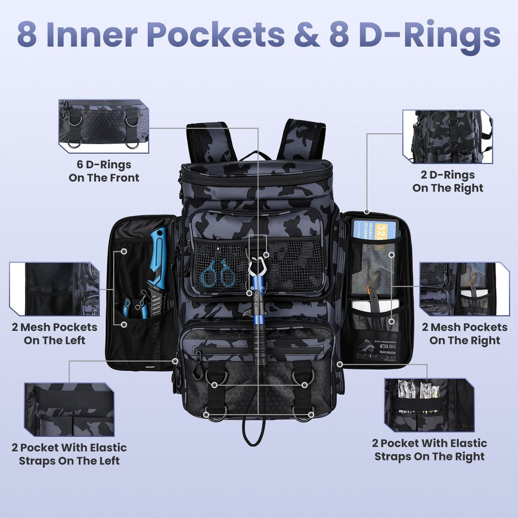 42L/11Gal Fishing Backpack Large Capacity Fishing Tackle Storage Bag with Rod Holders 16-Pocket Water-Resistant with Adjustable Padded Straps