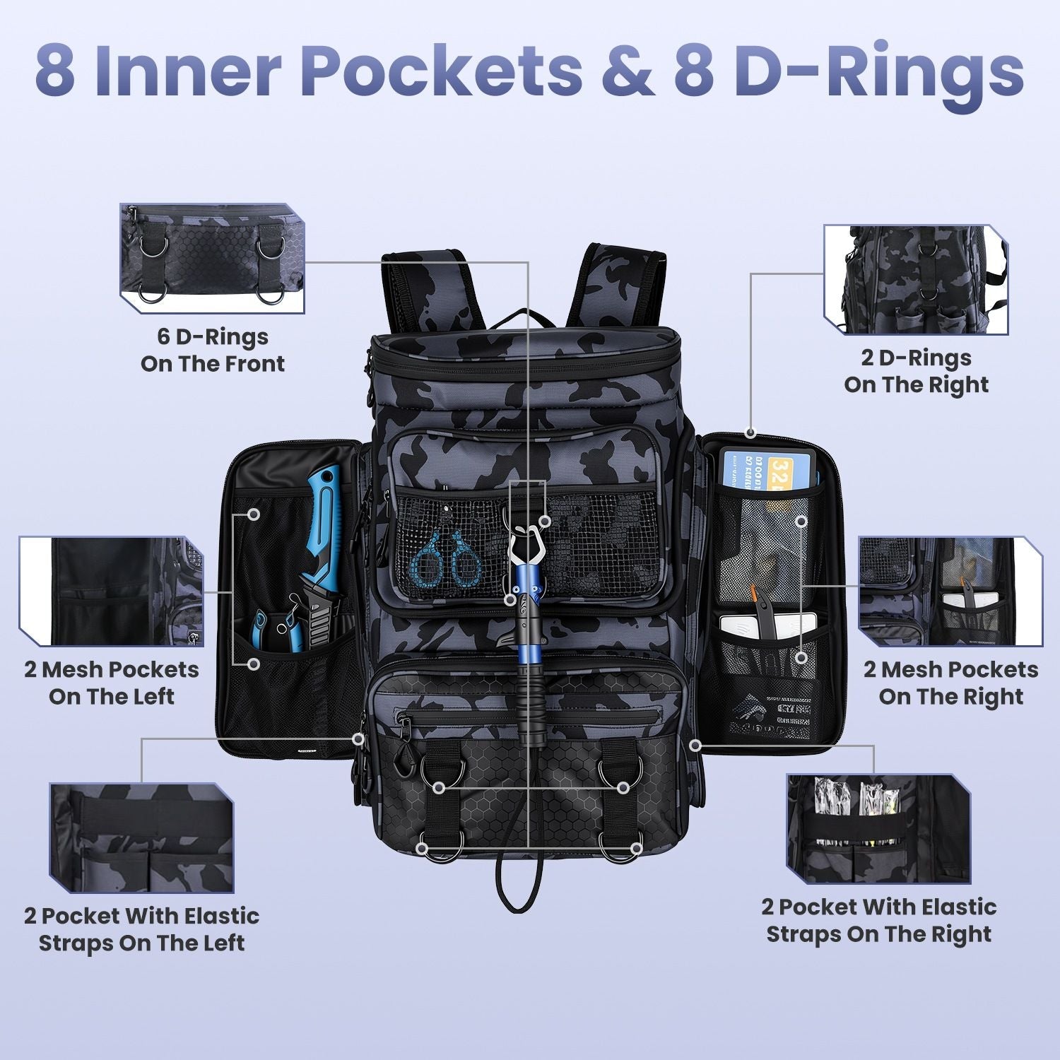 42L/11Gal Fishing Backpack Large Capacity Fishing Tackle Storage Bag with Rod Holders 16-Pocket Water-Resistant with Adjustable Padded Straps