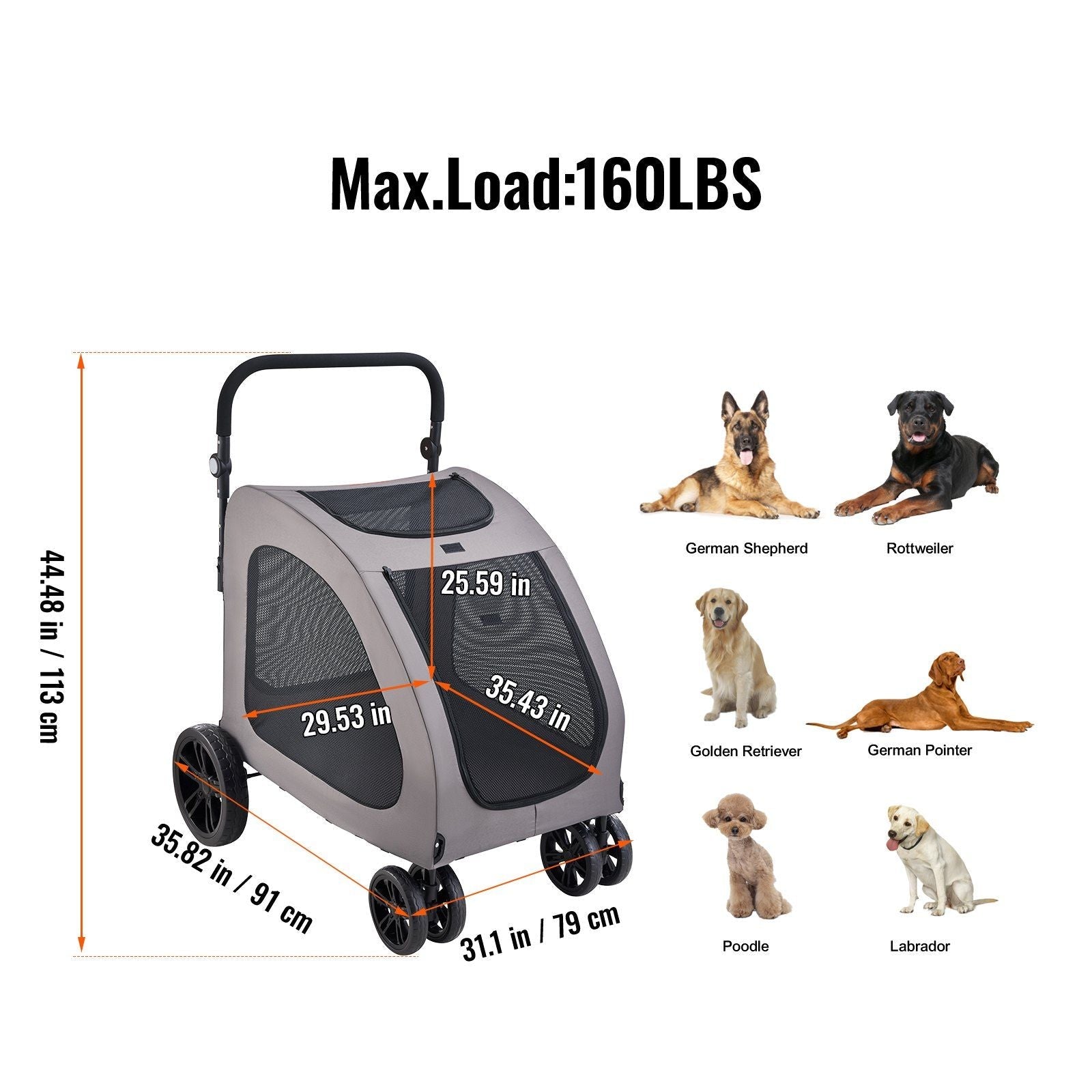 Pet Stroller 4-Wheel Dog Carrier 160lbs