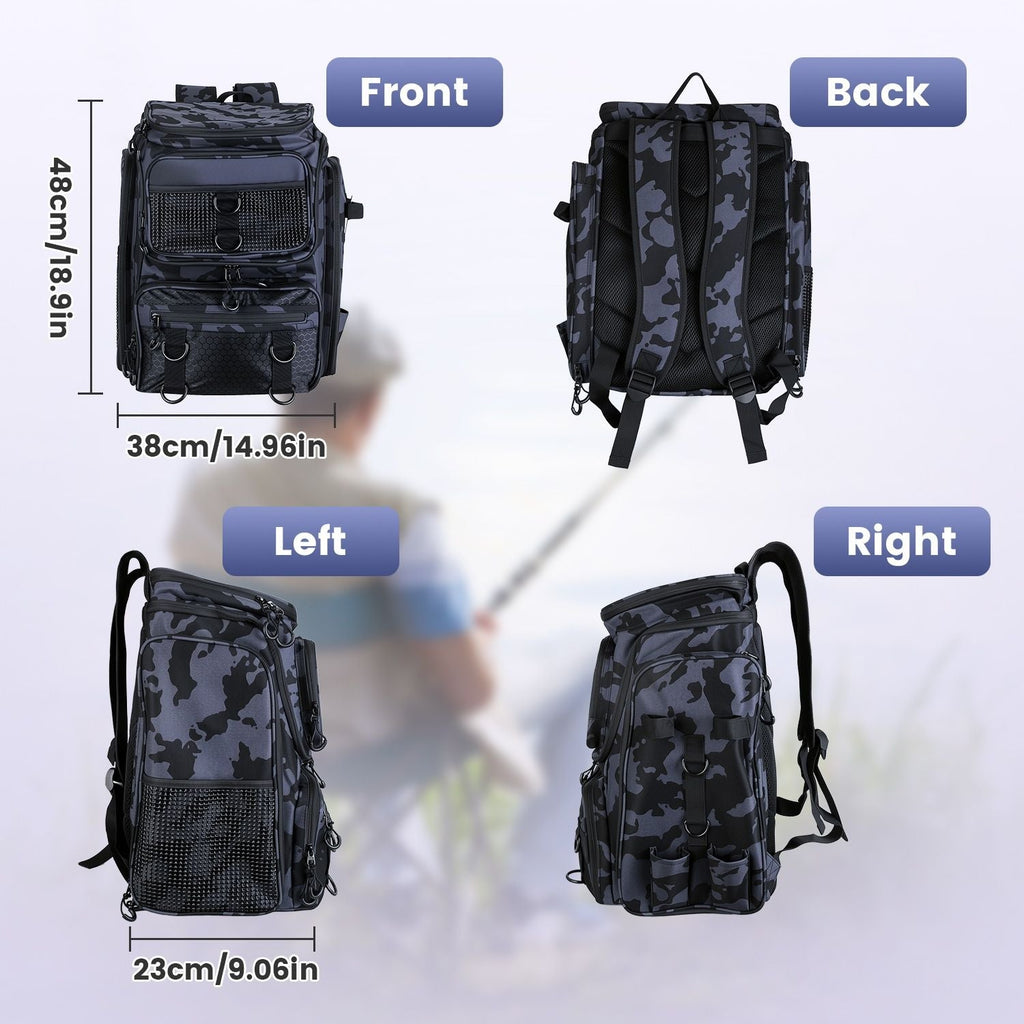 42L/11Gal Fishing Backpack Large Capacity Fishing Tackle Storage Bag with Rod Holders 16-Pocket Water-Resistant with Adjustable Padded Straps