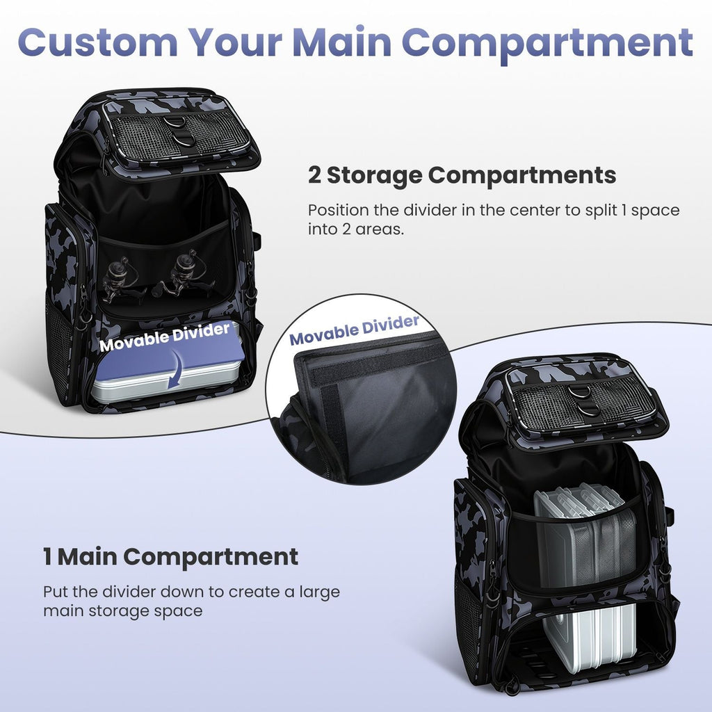 42L/11Gal Fishing Backpack Large Capacity Fishing Tackle Storage Bag with Rod Holders 16-Pocket Water-Resistant with Adjustable Padded Straps