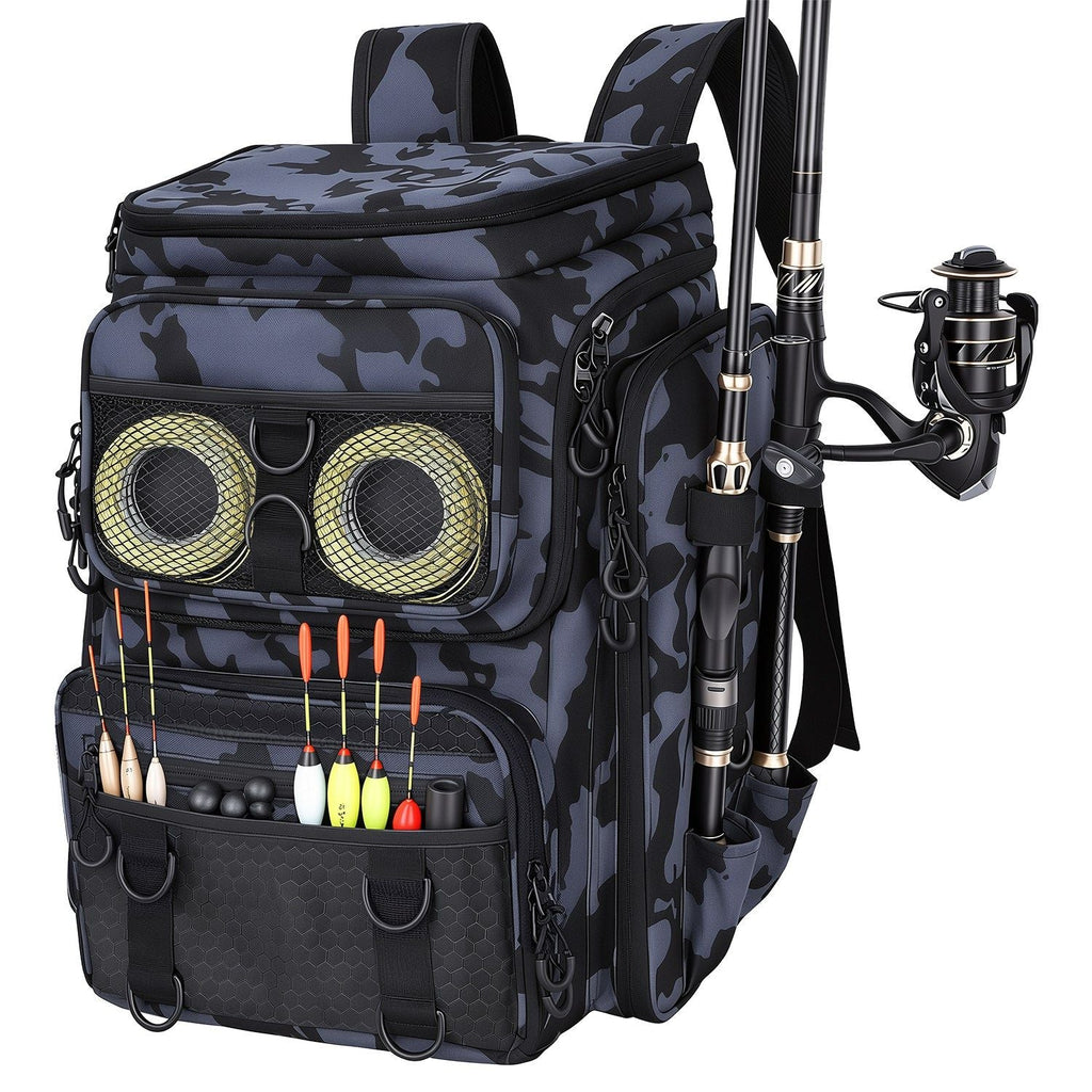 42L/11Gal Fishing Backpack Large Capacity Fishing Tackle Storage Bag with Rod Holders 16-Pocket Water-Resistant with Adjustable Padded Straps