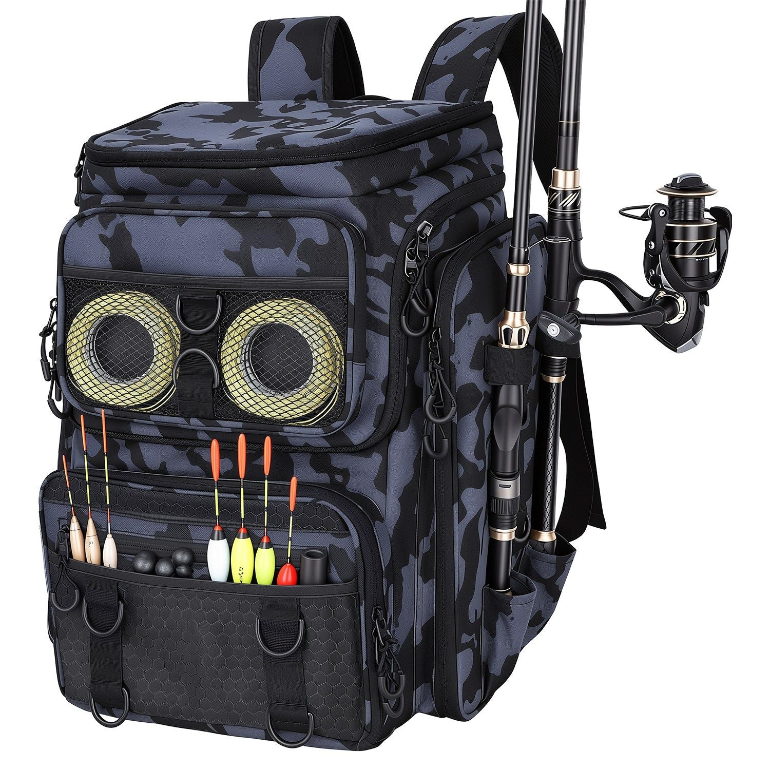 42L/11Gal Fishing Backpack Large Capacity Fishing Tackle Storage Bag with Rod Holders 16-Pocket Water-Resistant with Adjustable Padded Straps