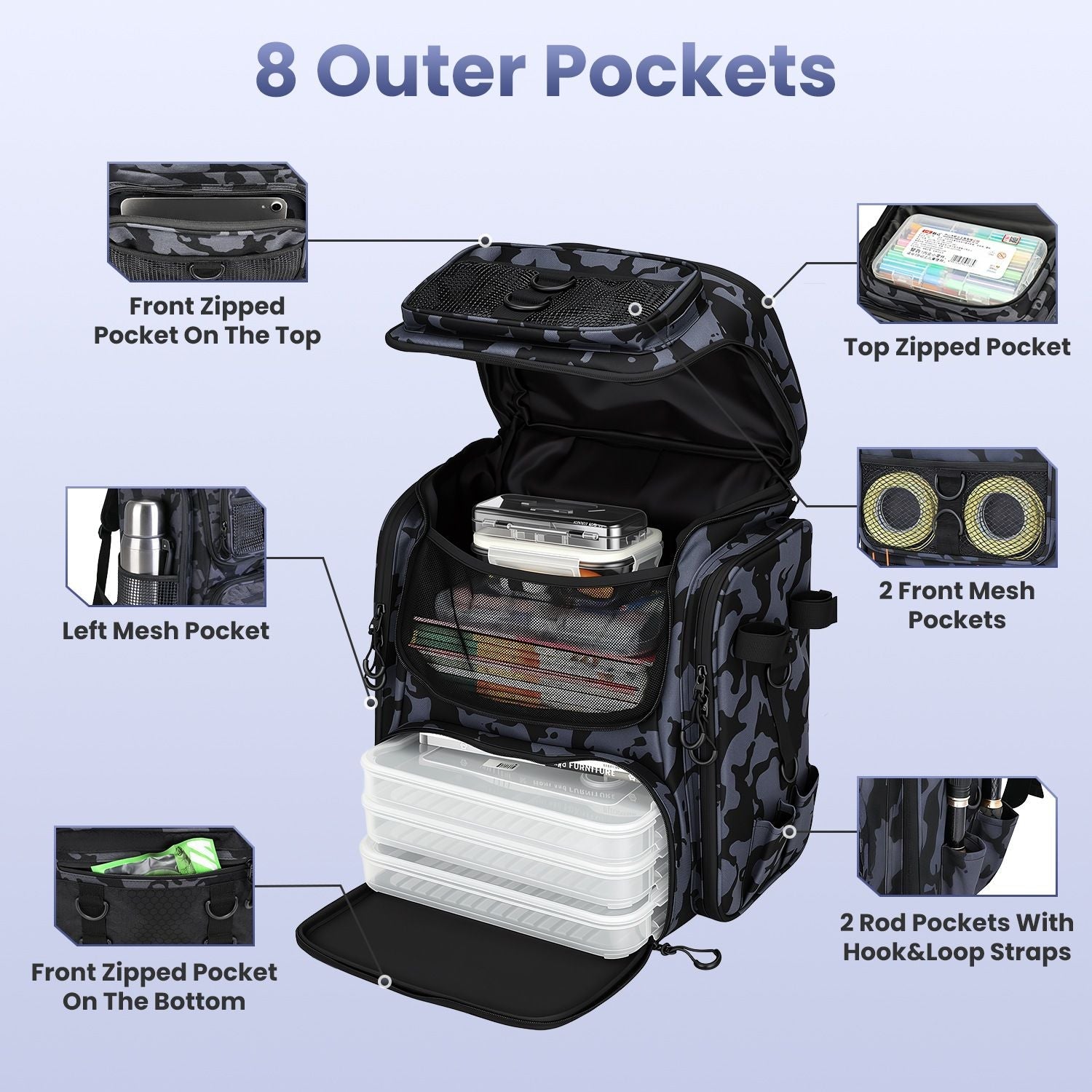 42L/11Gal Fishing Backpack Large Capacity Fishing Tackle Storage Bag with Rod Holders 16-Pocket Water-Resistant with Adjustable Padded Straps