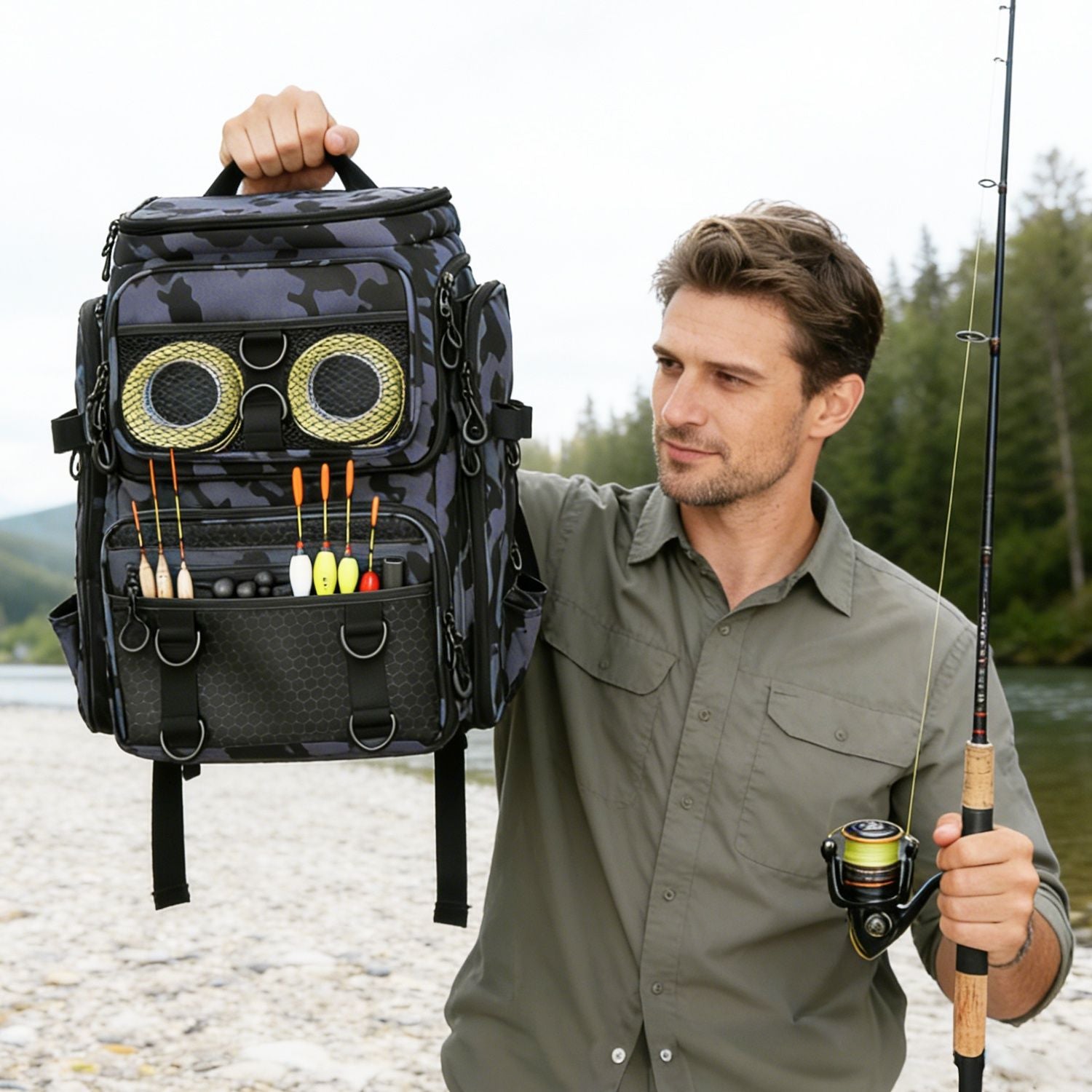 42L/11Gal Fishing Backpack Large Capacity Fishing Tackle Storage Bag with Rod Holders 16-Pocket Water-Resistant with Adjustable Padded Straps